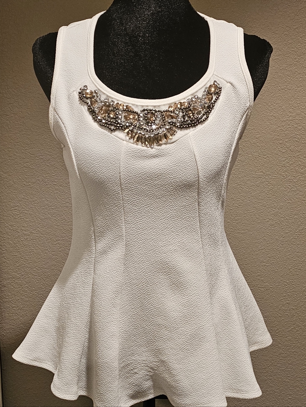 Embelished White Beaded Peplum Tank Top